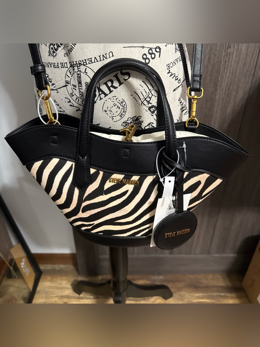 Steve Madden Black Multi Zebra Print Shopper Handbag NEW